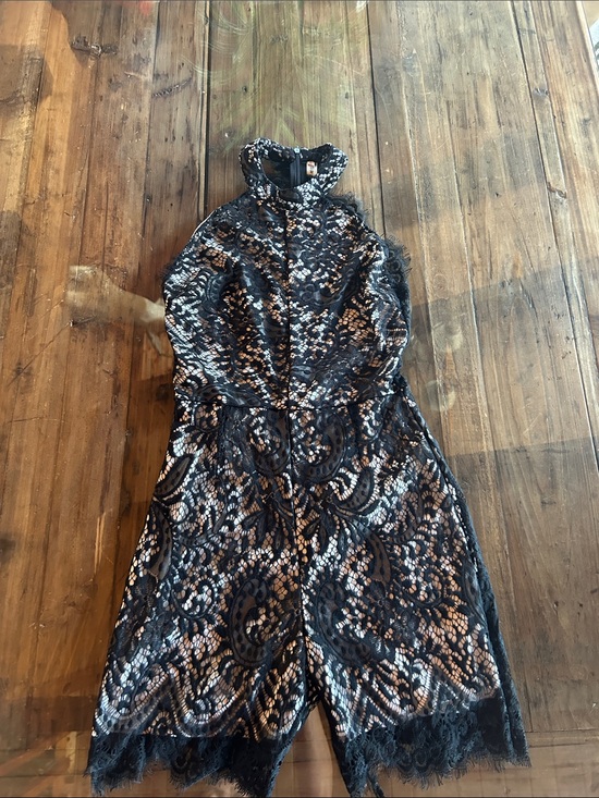 Pants - Sleeveless Black Lace Overlay Dress with Nude Underlay
